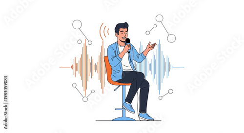 Man Speaking into Microphone with Sound Waves and Network Graphics