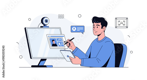 Man using tablet and stylus for online meeting, remote work, digital illustration