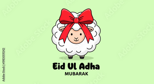Eid Ul Adha Mubarak Greeting Card With Sheep and Red Bow
