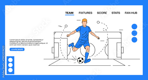 Soccer landing page UI design with football player illustration modern sports website interface concept