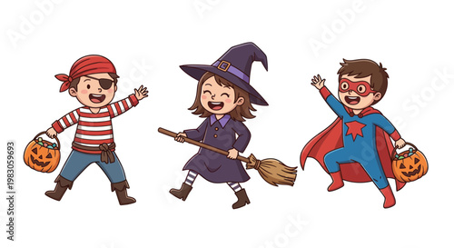Children in Halloween Costumes: Pirate, Witch, Superhero with Candy Buckets