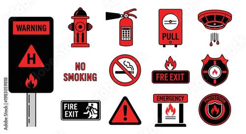 Fire Safety Equipment and Warning Signs Icons Collection