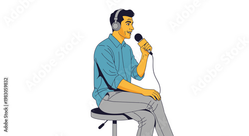 Man with Headphones Speaking into Microphone, Podcasting or Interviewing