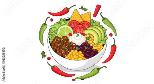 Healthy Burrito Bowl with Avocado, Beans, Corn, and Chili Peppers
