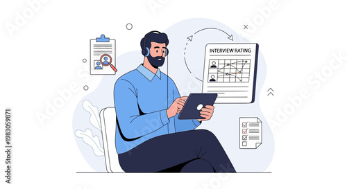 Man with headphones using tablet for interview rating and analysis