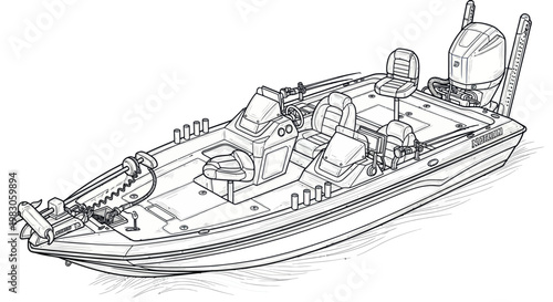 Line Drawing of a Modern Bass Fishing Boat with Outboard Motor and Trolling Motor