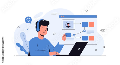 Man with headphones working on laptop, planning workflow on screen, online collaboration concept