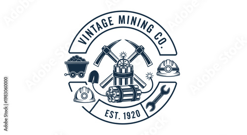 Vintage Mining Co. Emblem with Tools, Dynamite, and Helmets - Retro Industry Logo
