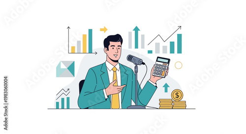 Man in suit with calculator and microphone, financial charts, coins, business concept