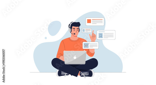 Man with headset and laptop working remotely, multitasking with digital interfaces