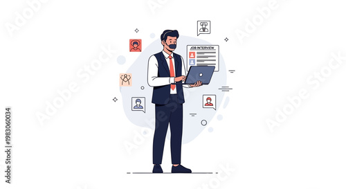 Man in Suit with Laptop and Resume, Job Interview Concept