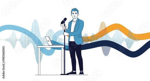 Man with Microphone and Laptop, Sound Waves Background - Podcast, Music, Presentation