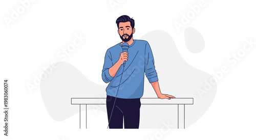 Man with Microphone Speaking at Podium, Presenter, Public Speaking, Stand-up Comedy