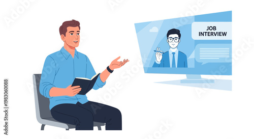Man in Video Call Job Interview, Holding Book, Online Recruitment, Remote Work