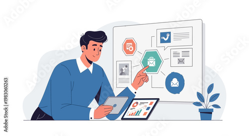Man interacting with digital board showing business strategy and analytics