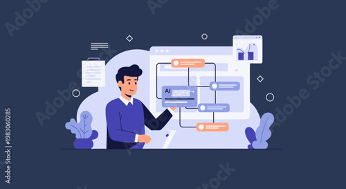 Man working on AI project flowchart on computer screen, business concept illustration