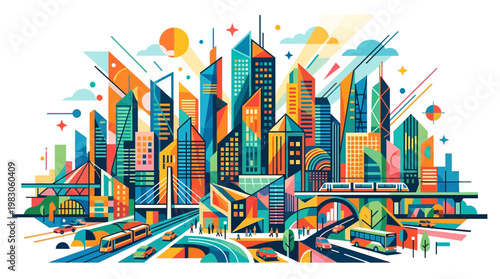 Vibrant cityscape with modern skyscrapers standing.