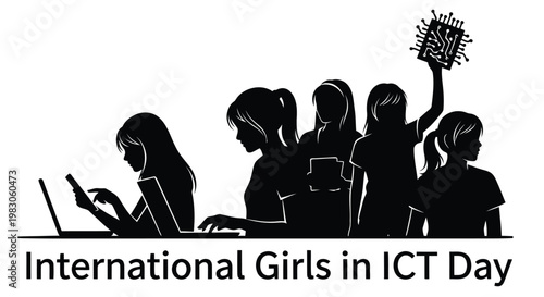 Silhouette of girls using technology promoting international girls in ict day