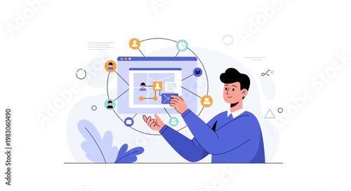 Man interacting with digital network interface, teamwork and connection concept