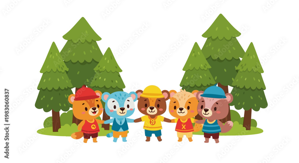 Naklejka premium Cartoon animals in teamwork concept standing together in front of green trees on white background for environmental education theme.