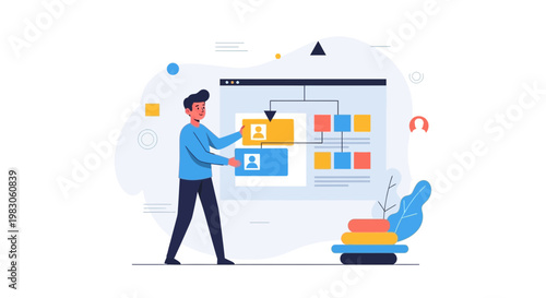 Man organizing organizational chart on screen, business hierarchy, team structure, workflow planning