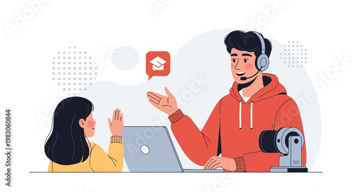 Online Learning: Student and Tutor with Laptop and Graduation Cap Icon