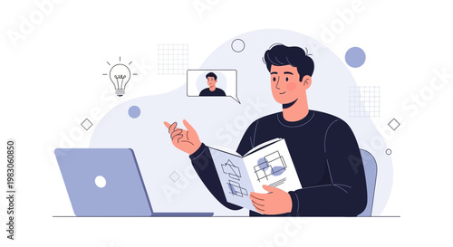 Online learning: student with laptop and book, video call with tutor, idea bulb