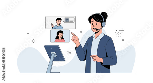 Online meeting with video call, woman in headset talking to colleagues on screen