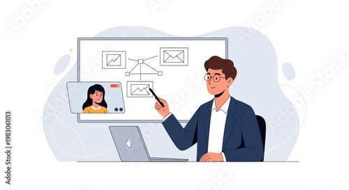 Online Meeting Presentation: Man Teaching Student via Video Conference