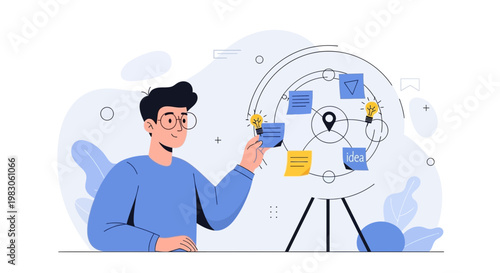 Man planning ideas on a circular board with sticky notes and lightbulbs