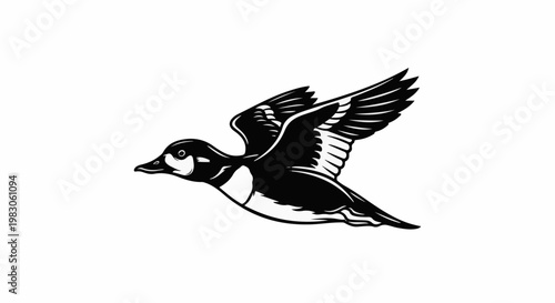 Silhouette of a duck in flight against a white background