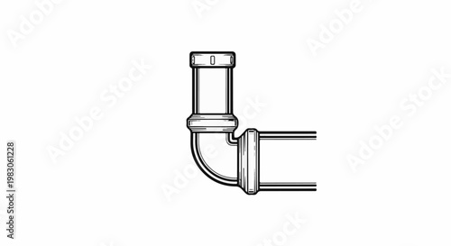 Stylized black and white illustration of plumbing pipes and fittings