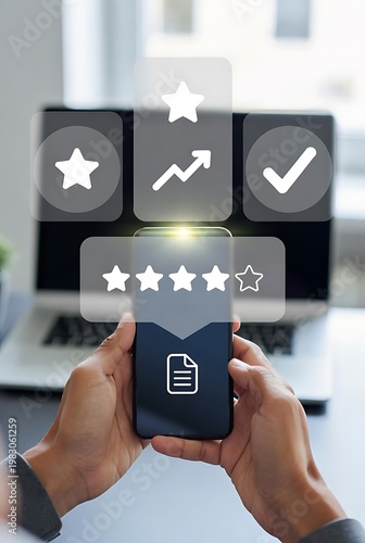 User holding smartphone showing five star rating and feedback icons above laptop keyboard