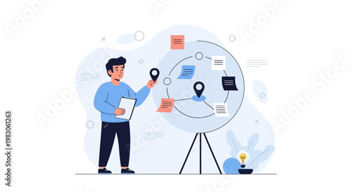 Man Planning Strategy on Circular Board with Notes and Pins