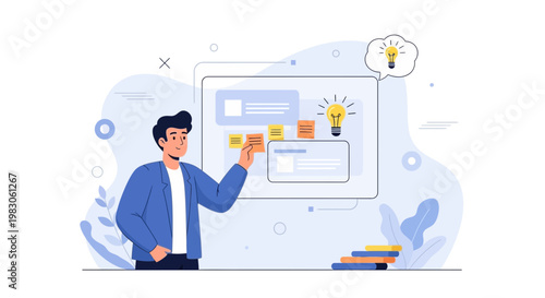 Man planning project on whiteboard with sticky notes and lightbulb ideas