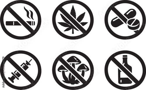 Collection of vector prohibition signs for harmful substances and habits including smoking, cannabis, drug pills, needles, psychedelic mushrooms, and alcohol warnings