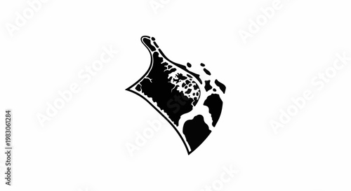 Abstract black and white graphic depicting a fragmented landmass with water