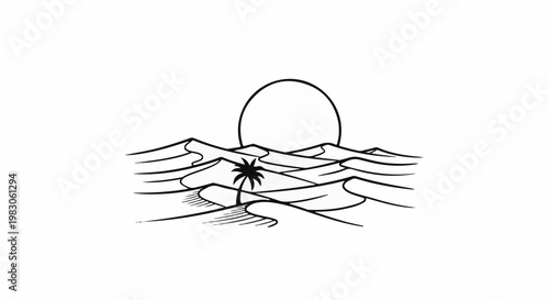 Stylized desert landscape with sand dunes, a palm tree, and a setting sun