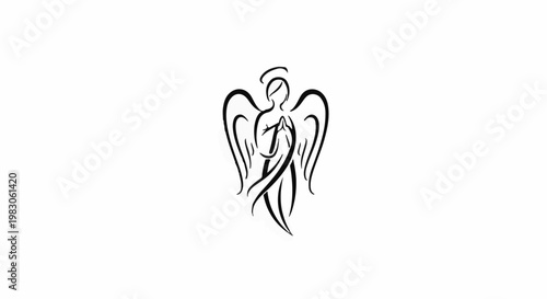 Abstract black ink drawing of an angel with halo and wings