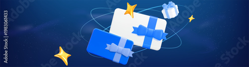 3d blue gift card with bow and gift box with gold stars on blue isolated background. Gift certificate for promotion of goods for holidays, birthdays and discount coupon concept. Vector