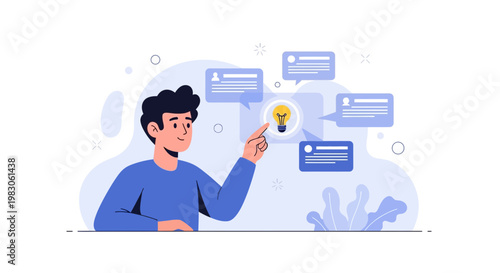 Man pointing at a glowing light bulb idea symbol surrounded by speech bubbles, representing innovation and communication