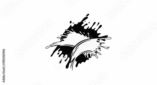 Abstract black ink splashes with sweeping curves on white background