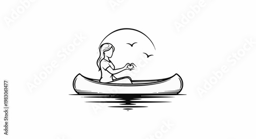 Woman in canoe making heart shape, birds in sky, over water
