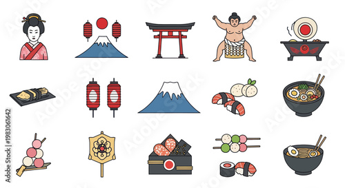 Collage of traditional Japanese cultural icons and food.