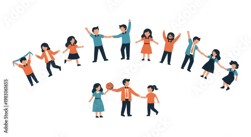 Diverse group of happy people standing in a circle, holding hands and celebrating unity.