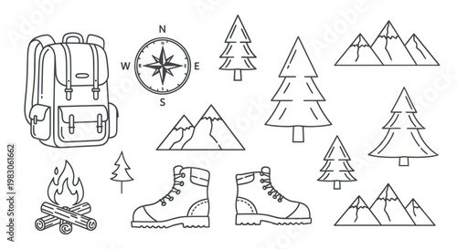 Outdoor adventure and camping essentials icons set