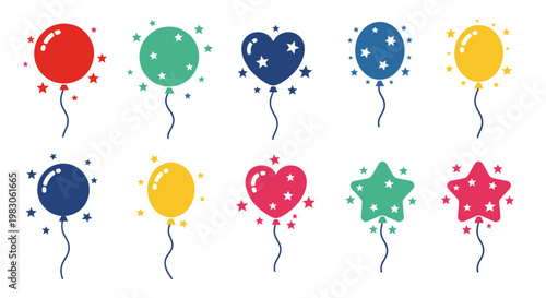Set of colorful flat balloon icons with stars for party and celebration