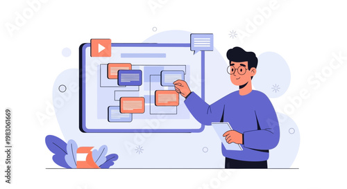 Man presenting a flowchart on a digital board, business strategy, project planning, online presentation