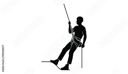 A stark black silhouette depicts a male rock climber ascending a vertical surface with equipment showcasing a dynamic pose silhouette high quality professional detailed