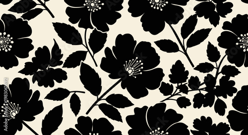 Black and white floral seamless pattern with elegant botanical motif.